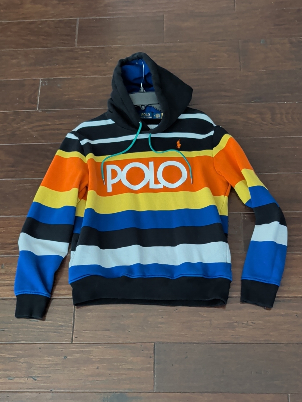 POLO RALPH LAUREN Colorful Striped Graphic Logo Drawstring Hoodie Mens Sz Small
